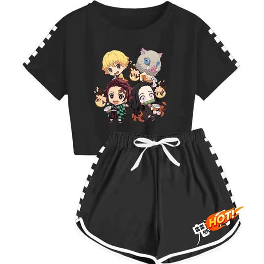 Anime cute Ladies Girls Shirt Short Sleeve Suit Women Cartoon Manga Print Suit T-Shirt Shorts-3-XS
